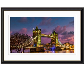 Tower Bridge London, late avond kunstdruk, woondecoratie cadeau