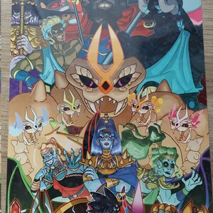 May include: A colorful illustration featuring a variety of stylized mythological figures. The artwork showcases a central, large creature with sharp teeth, surrounded by other characters with unique designs and vibrant colors. The overall theme is fantasy and mythology.