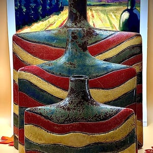 Reduced! MCM Boho Square Ceramic Vase Set for Your Mid Century Modern Home Decor Bright Colors