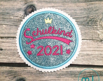 Glitzer Schulkind Button Applikation Aufnäher Bügelbild Schulkind 2024... Schultüte