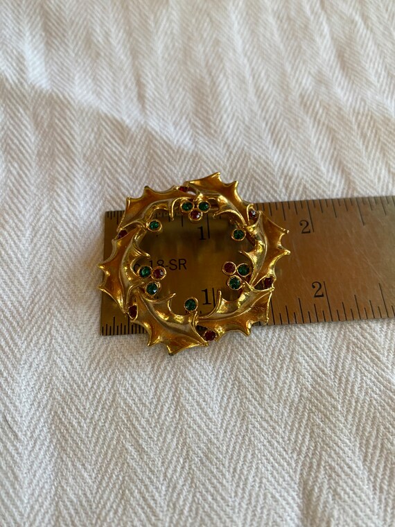 Goldtone Holly Wreath Brooch with Red and Green R… - image 4