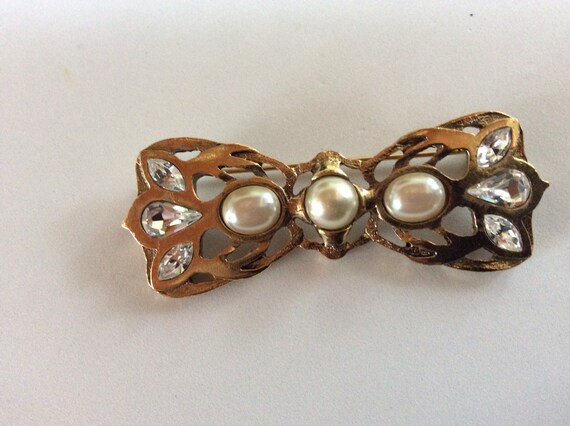 Gold Bow with Rhinestones and Pearls Brooch - image 2