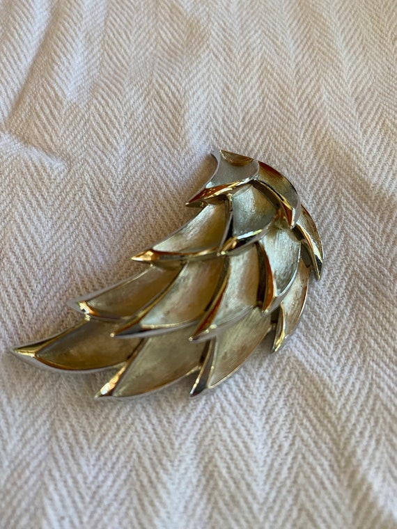 Crown Trifari Brushed Silvertone Leaf Brooch