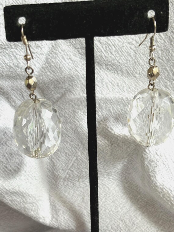 Silvertoned Large Crystal like Wire Dangle Earrin… - image 1