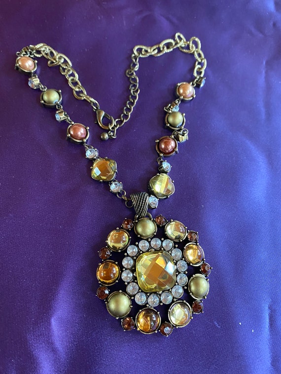 Large Goldtone Pendant Necklace with Rhinestones