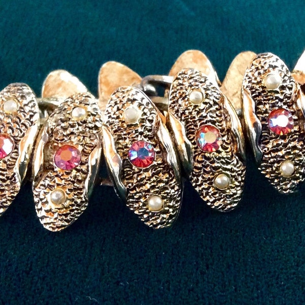 Judy Lee Marcasite Gold tone bracelet with pink Rhinestones and seed pearls