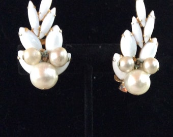 Vintage Milk Glass Earrings, Clip on in Gold tone with Rhinestones