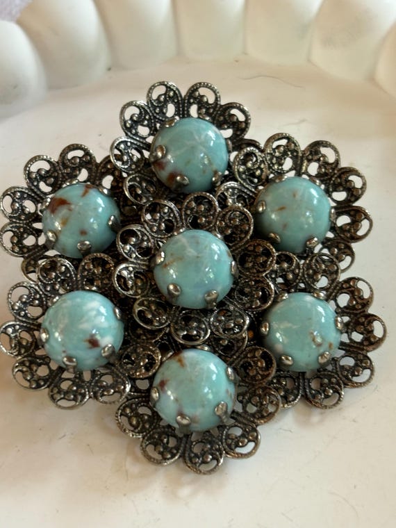 Broche Pendante Vintage En Métal Argenté Avec Turquoise - Bijou Occasion, Style Rétro