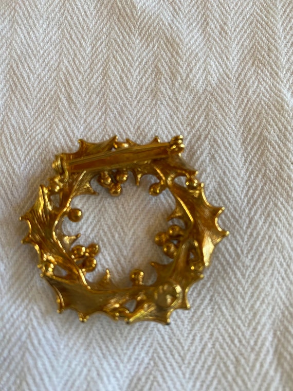 Goldtone Holly Wreath Brooch with Red and Green R… - image 3