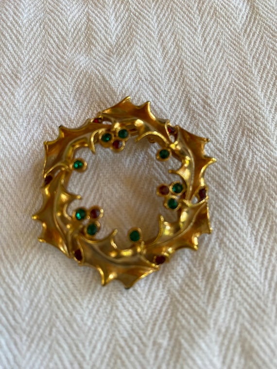 Goldtone Holly Wreath Brooch with Red and Green R… - image 1