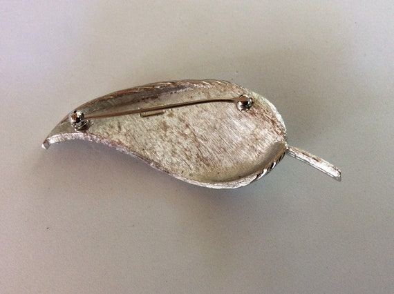 Vintage Crown Trifari Brushed Silver Leaf Brooch - image 3