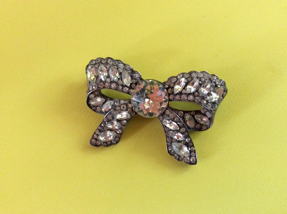 1930s EISENBERG ORIGINAL Signed Gold /& Jumbo Crystal BOW Brooch QBC28