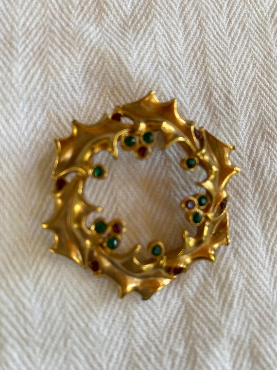 Goldtone Holly Wreath Brooch with Red and Green R… - image 2