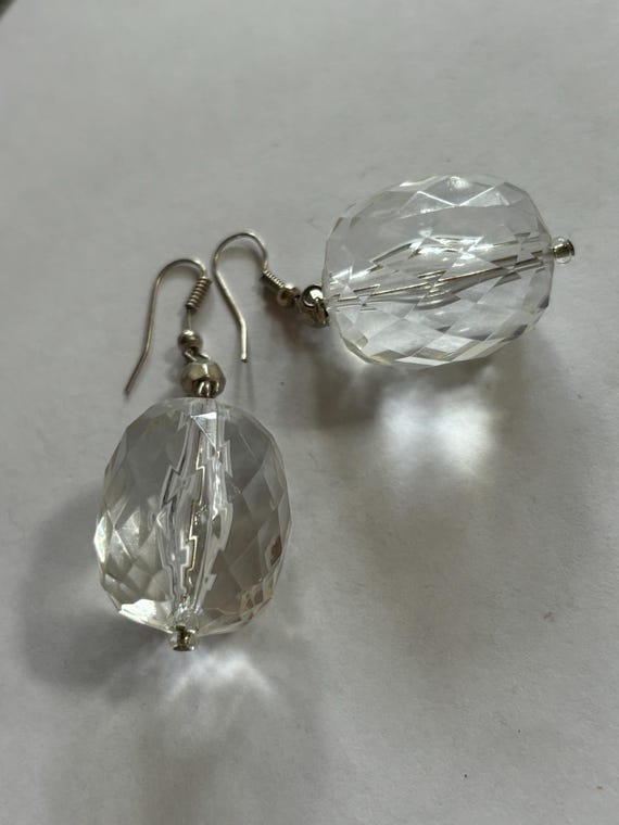 Silvertoned Large Crystal like Wire Dangle Earrin… - image 3
