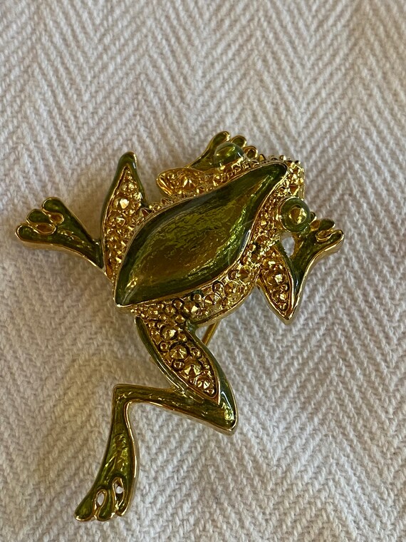 Broche Grenouille Verte Et Or - Bijou Vintage - Occasion
