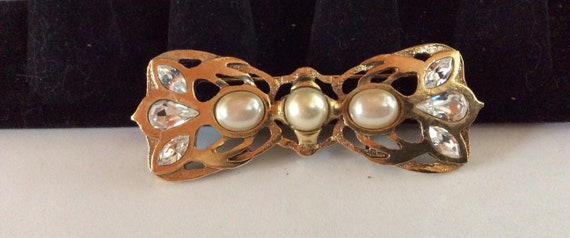 Gold Bow with Rhinestones and Pearls Brooch - image 1