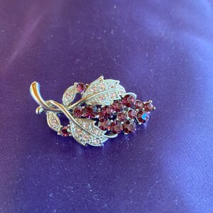 May include: A silver-toned brooch with a grape cluster design. The grapes are made of purple rhinestones and the leaves are made of clear rhinestones.