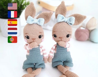 Bunny Crochet Pattern, Bunny Doll Amigurumi, Doll Amigurumi Pattern, Rosie Bunny Pattern PDF in English, French, Spanish, Dutch & Portuguese