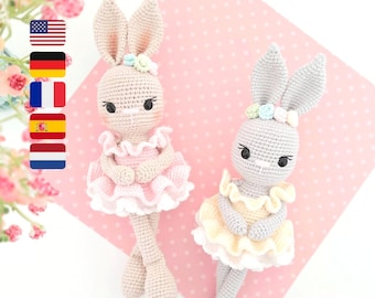 Wzór króliczka na szydełku, wzór króliczka amigurumi, lalka baleriny na szydełku, Belle balerina PDF w języku angielskim, niemieckim, francuskim, hiszpańskim i holenderskim