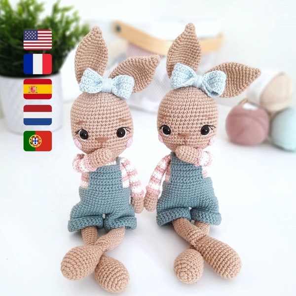 Bunny Crochet Pattern, Bunny Doll Amigurumi, Doll Amigurumi Pattern, Rosie Bunny Pattern PDF in English, French, Spanish, Dutch & Portuguese