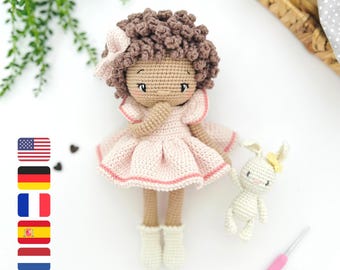 Emilie and Socks the Bunny Crochet Doll Pattern – Amigurumi Pattern PDF in English, German, French, Spanish & Dutch