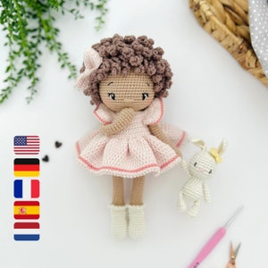 Patroon amigurumi-pop, gehaakt poppatroon, gehaakte amigurumi-pop en speelgoedkonijn, Emilie & Socks pdf-haakpatroon