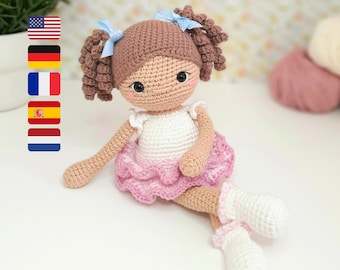 Amigurumi-Puppen-Häkelmuster, Häkelpuppenmuster, Puppe mit Kleidungsmuster, Amelia PDF in Englisch, Deutsch, Französisch, Spanisch und Niederländisch