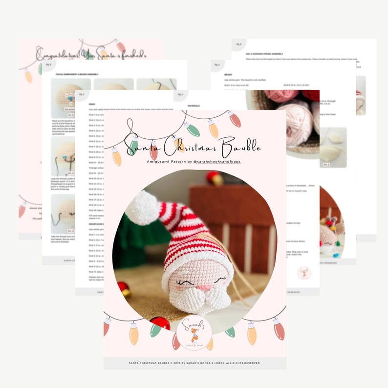 May include: A Santa Christmas Bauble amigurumi pattern with a crocheted Santa Claus ornament. The Santa Claus has a white beard, a red and white striped hat, and a pink face. The pattern is by Sarah's Hooks & Loops.
