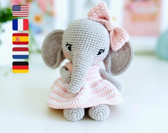 Elephant Crochet, Amigurumi Elephant Pattern, Amigurumi Crochet Pattern, Lottie the Elephant in English, French, Dutch, Spanish & German PDF