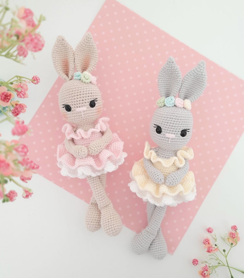 Belle the Ballerina Bunny Crochet Pattern. 
Elegant bunny doll in a frilly pink ballerina outfit. Dressed with pretty flowers on her head.