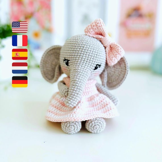 Lottie the Elephant Crochet Pattern – Amigurumi Doll Pattern (PDF) in English, German, French, Spanish & Dutch