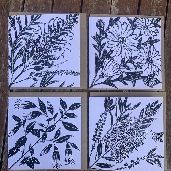 Grevillea, Callistemon, Brachyscome Daisy and Correa lino printed greeting cards