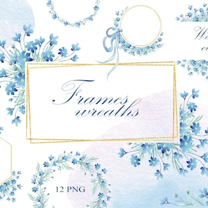 Ne m'oubliez pas clipart, clipart cadre floral bleu, USAGE COMMERCIAL, couronne de fleurs sauvages aquarelle png, faire-part de mariage, baby shower, ruban