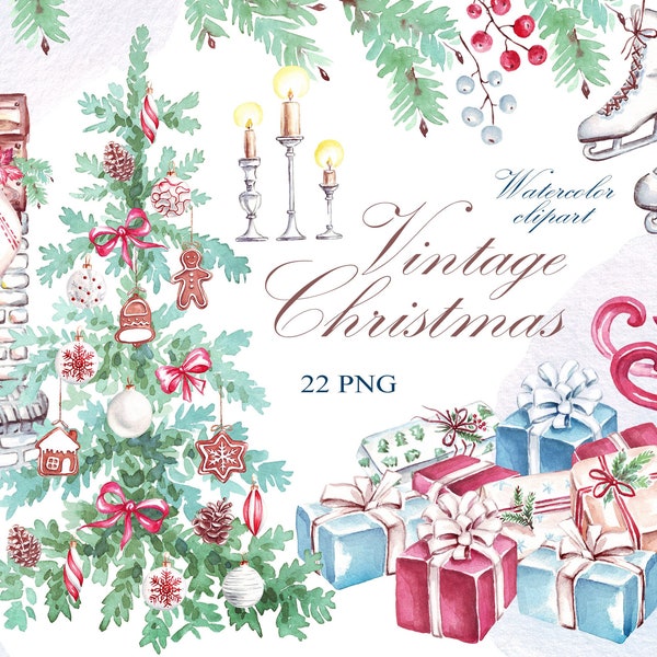 Vintage Christmas watercolor clipart, Christmas tree png, COMMERCIAL USE, gift boxes, fireplace and socks, Christmas miracle, retro style
