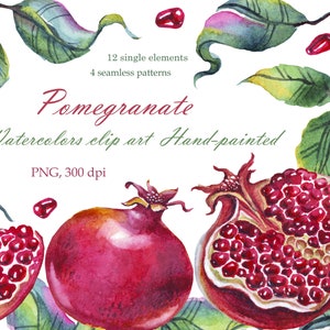 Watercolor pomegranates, png, seamless pattern, watercolor clipart, digital png, leaves clipart, hand painted, printable clipart, download