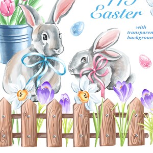 May include: Nine watercolor illustrations of Easter themed elements, including two bunnies, a nest with eggs, a bouquet of daffodils, a bucket of pink tulips, and purple crocuses. The text "Happy Easter" is written in blue cursive lettering.