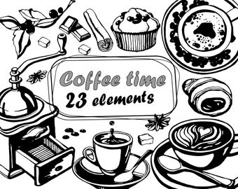 cute homework clipart black and white Coffee time, set of vector images, vector clipart, digital png, espresso, clipart svg, hand drawn, printable clipart, line art, cappuccino