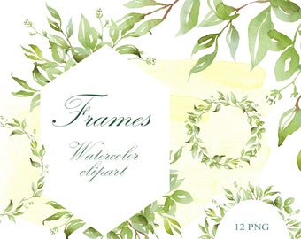 May include: Watercolor clipart frames featuring green leaves and branches. The frames are perfect for adding a touch of nature to your designs. The text "Frames Watercolor clipart" is written in the center of the image. There are 12 PNG files included.