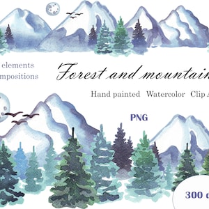 Forest and mountains, watercolor illustrations, watercolor clipart, digital png, scandi clipart, hand drawn, printable clipart, download