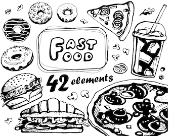 Fast food vector clipart, digital png, clipart svg, hand drawn, printable clipart, line art, burger, pizza, popcorn