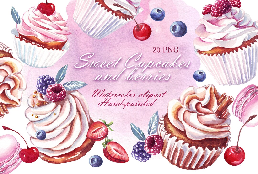 Watercolor Cupcakes Clipart Png, COMMERCIAL USE, Berries, Bakery ...