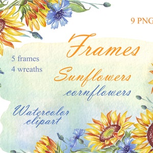 Clipart aquarela, molduras, girassóis, USO COMERCIAL, guirlanda, centáurea, png, cartão, pintado à mão, clipart para impressão, ucraniano, baixar