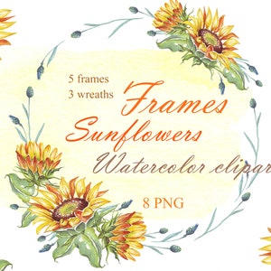 Clipart aquarela, molduras, girassóis, USO COMERCIAL, guirlanda, Ucrânia, png, cartão, pintado à mão, clipart para impressão, ucraniano, baixar