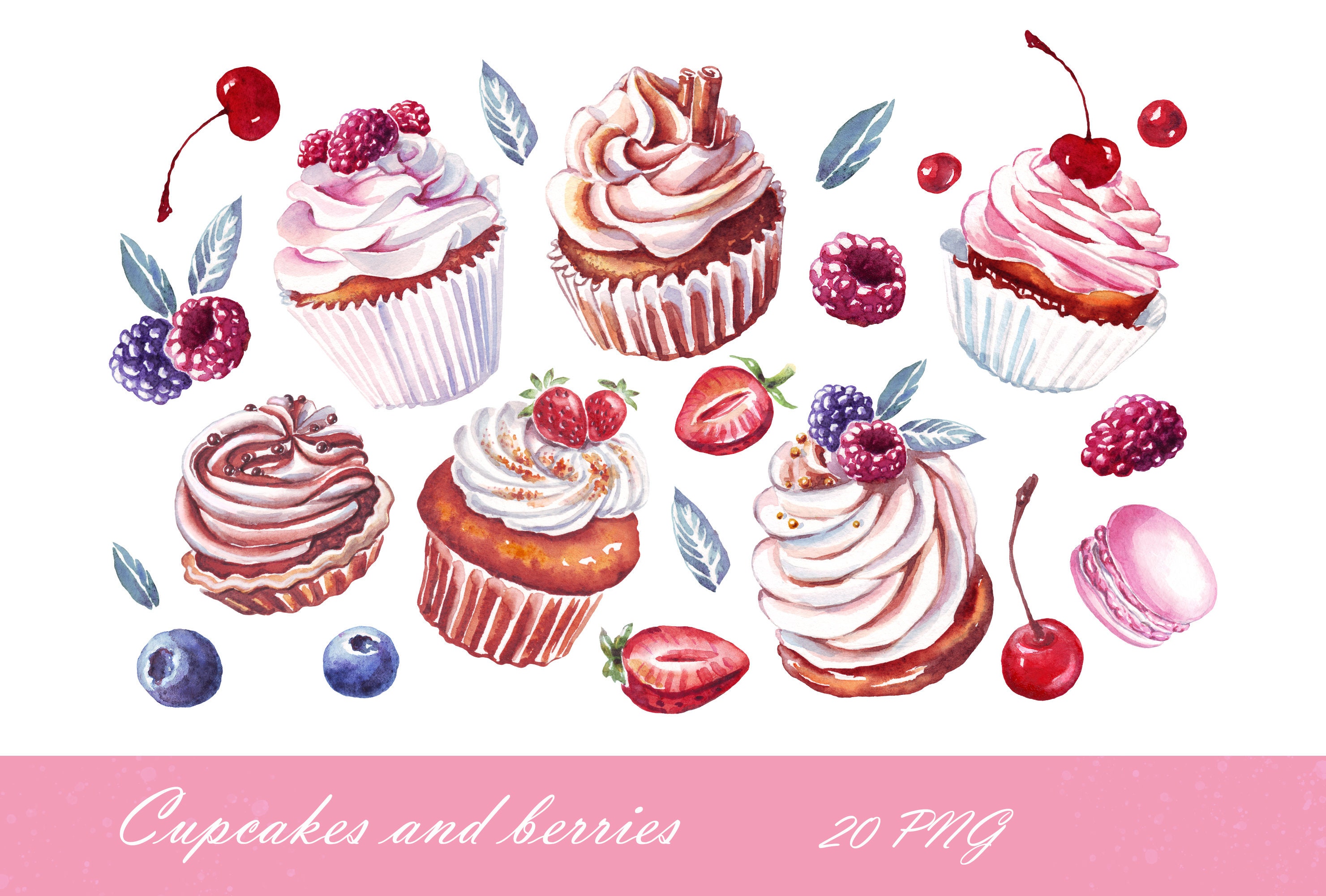 Watercolor Cupcakes Clipart Png, COMMERCIAL USE, Berries, Bakery ...