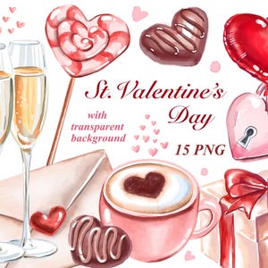 Dia de São Valentim aquarela clipart PNG, USO COMERCIAL, ilustração romântica, casamento png, convites, corações, clipart para impressão