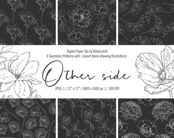 Line Art Digital Paper Pack 12''x12'', Black & White Pattern, Floral Pattern, Wrapping paper, Line art seamless pattern, INSTANT DOWNLOAD