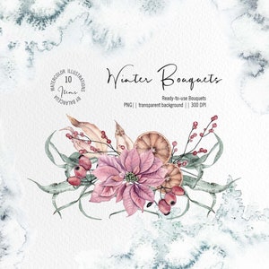 Clipart de buquês de inverno, clipart de aquarela, PNG de aquarela, clipart floral, símbolos de inverno de flores, Natal, download instantâneo