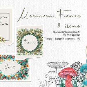 Watercolor Frames Clipart, Botanical clipart, Herbs clipart, Mushrooms Border and Frame, PNG, Instant Download