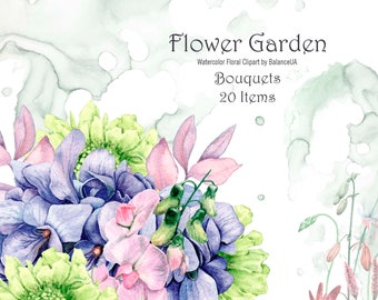 Summer Bouquets Clipart, Watercolor Clipart, Watercolor PNG, Floral Clipart, Flower Summer Symbols, Botanical Clipart, Instant Download