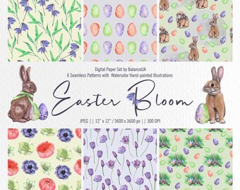 Papel digital de Pascua, patrones sin costuras, patrón de conejito de Pascua, patrón floral de Pascua, JPEG, descarga instantánea